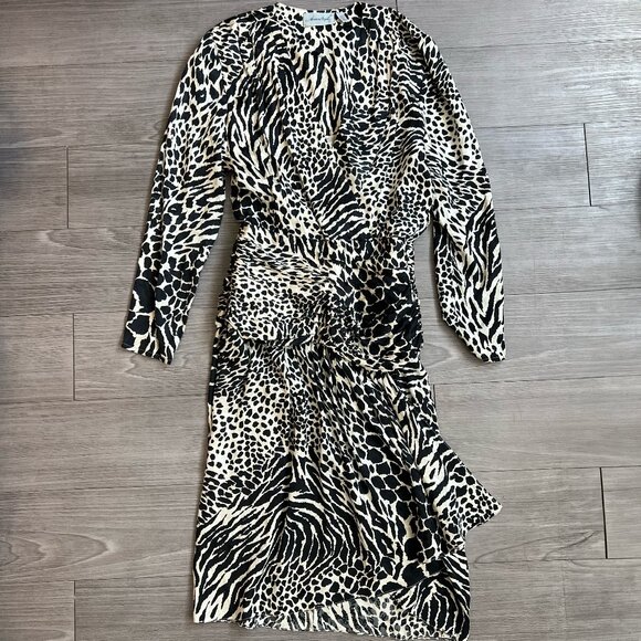 Vintage 80s Adrianna Papell Animal Print Long Sleeve Silk Dress Size 8
